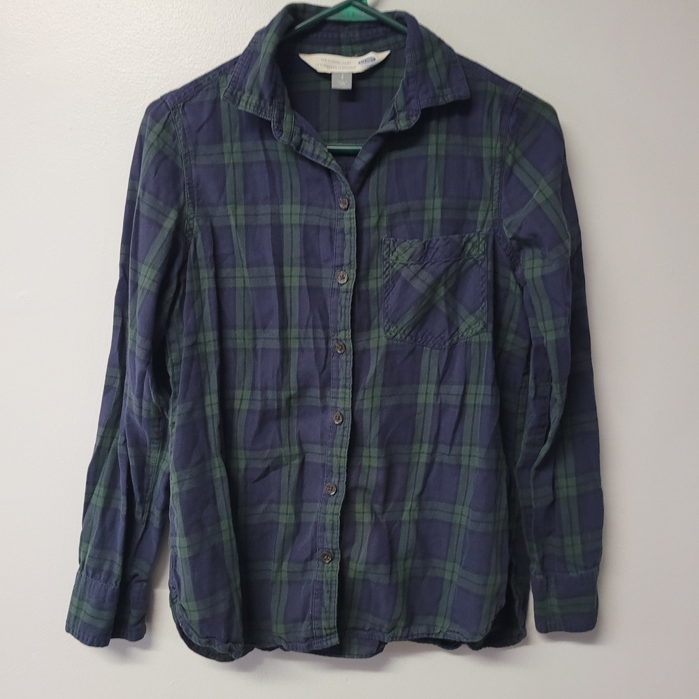Old Navy‎ Womens Small Green Blue Plaid The Classic Shirt Long Sleeve Cotton